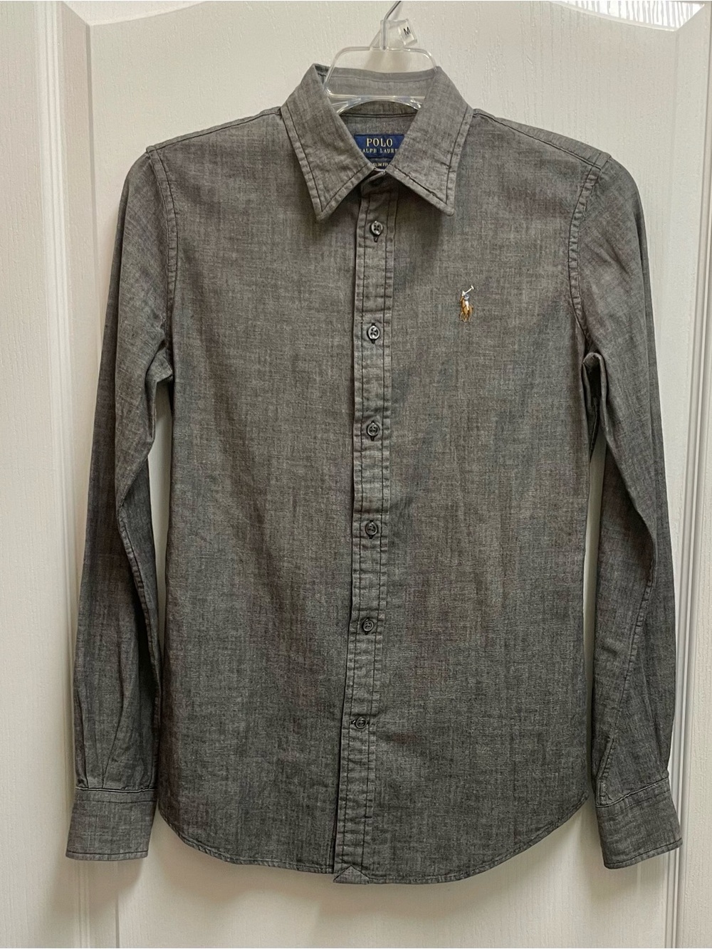Women’s Ralph Lauren Gray Long-Sleeve Button-Down Shirt with Embroidered Pony